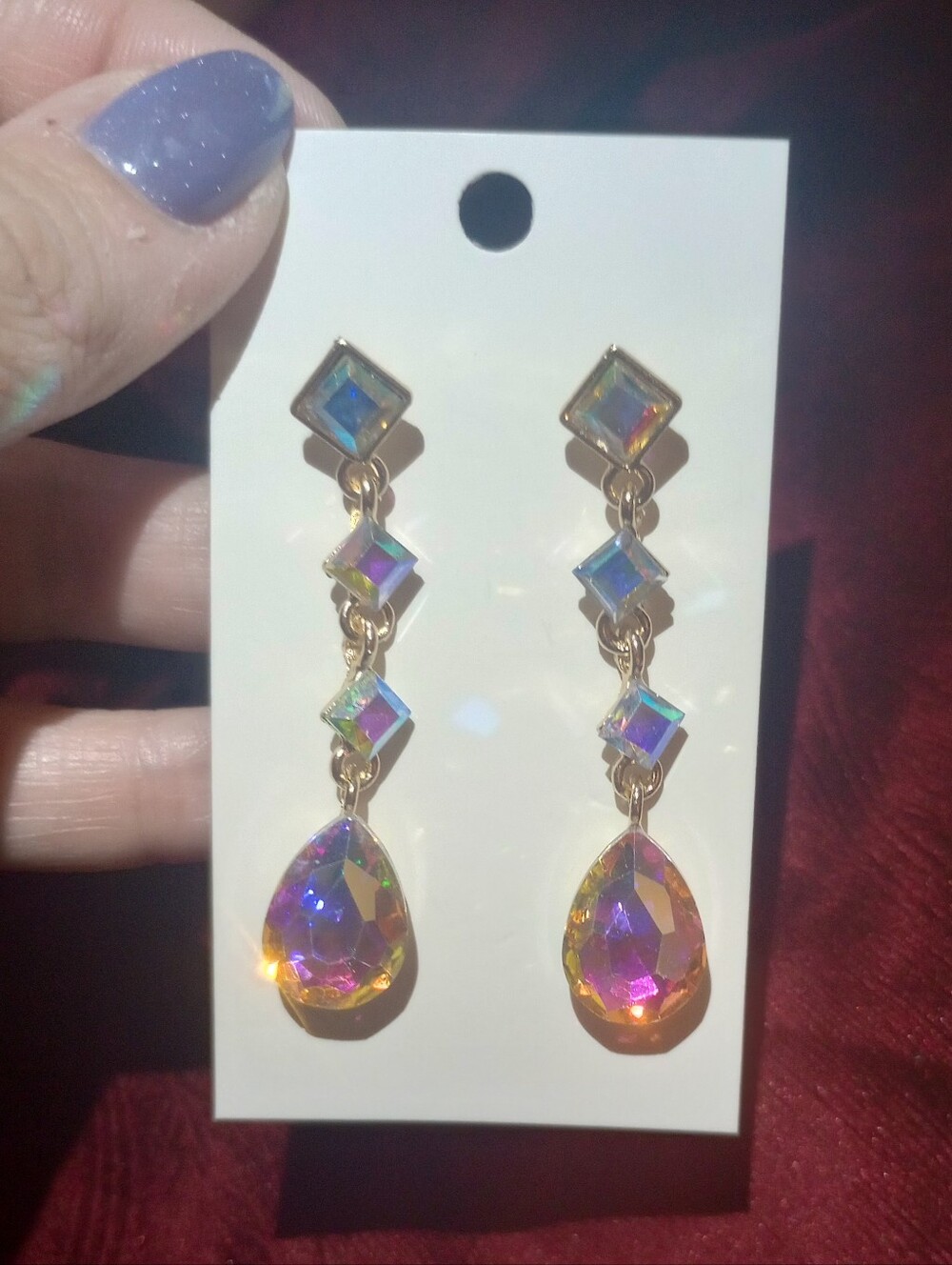 Gorgeous Iridescent Crystal Teardrop Dangle Earrings - Gold Tone